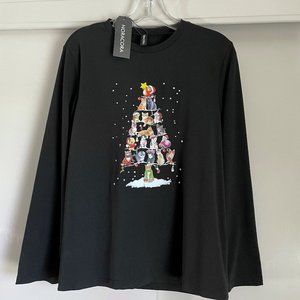 NoraCora Christmas Tree of Cats Print Top Size S Black Long Sleeve Crew Tee